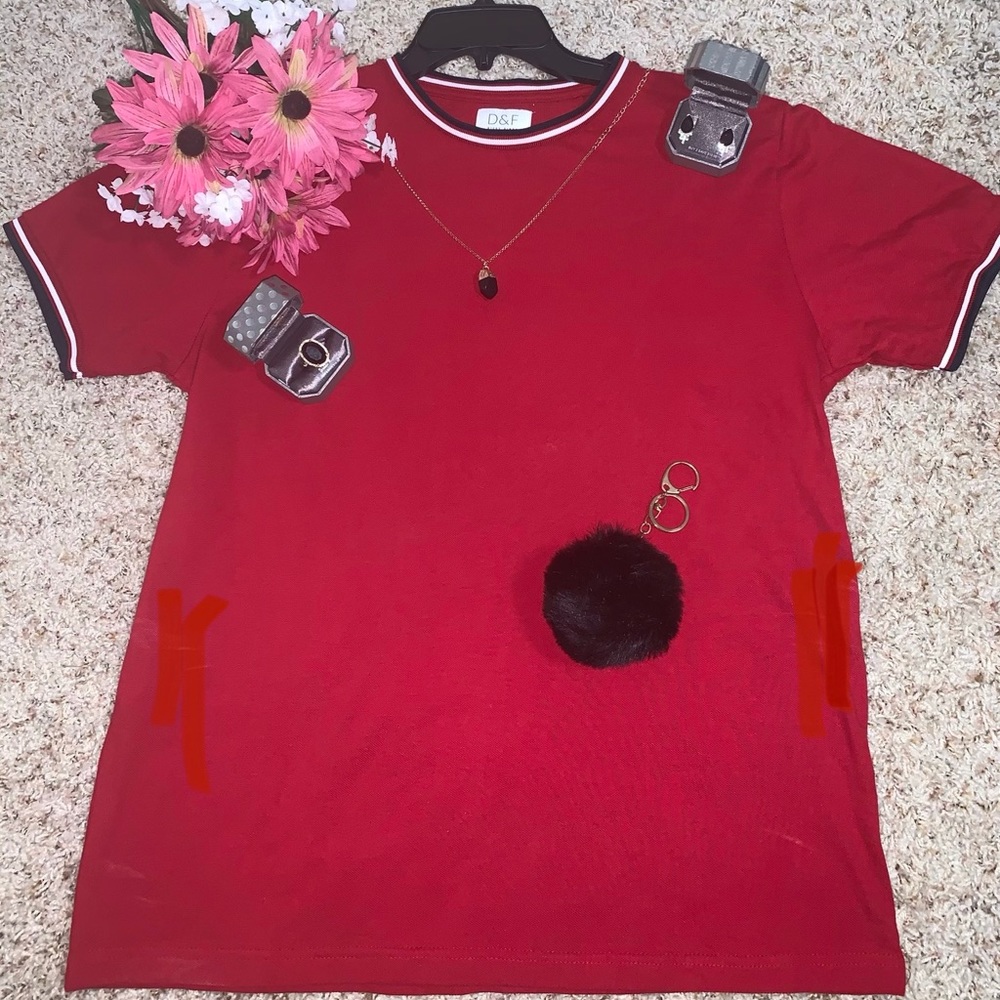 Red crew T-shirt with black, red, and white collar